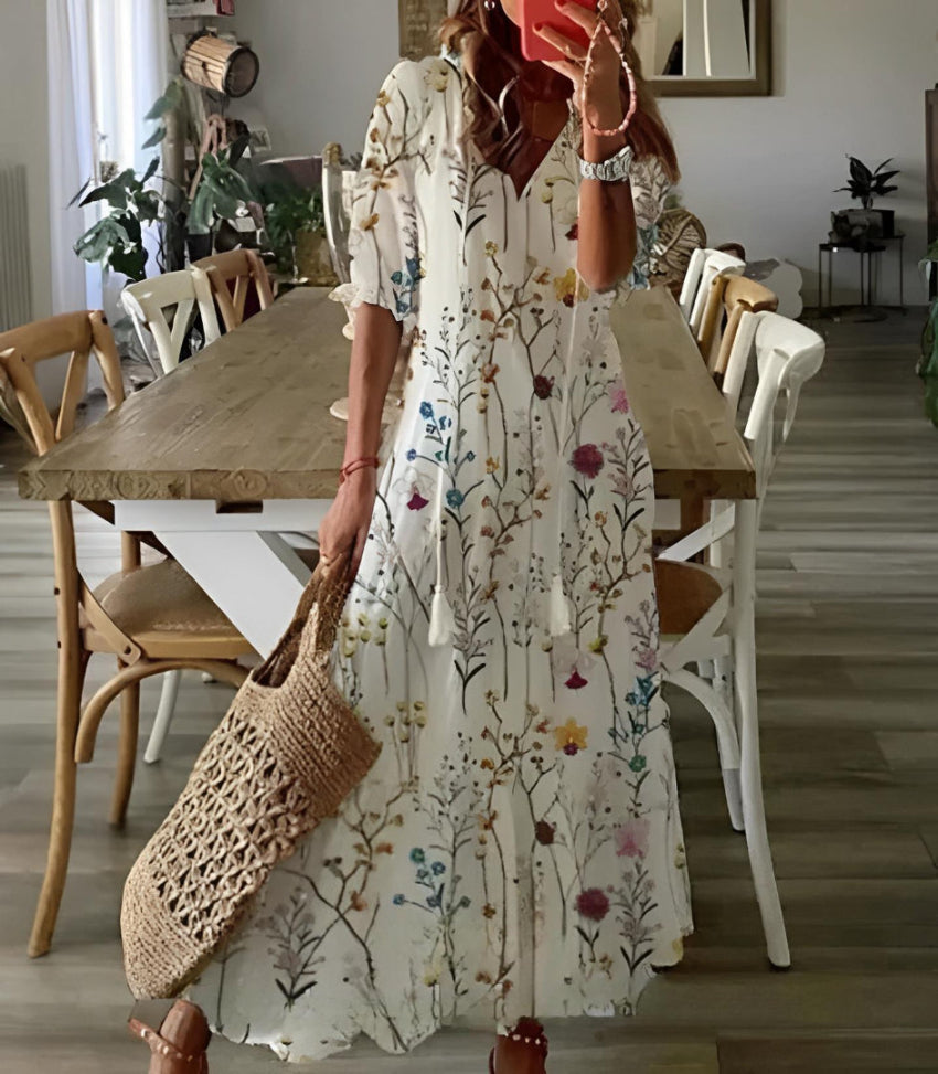 Andrea - Vestido Impreso Boho Vintage con Escote en V