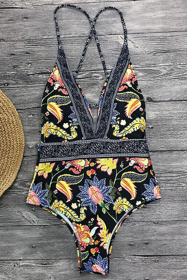 Bañador con Estampado Boho y Escote en V