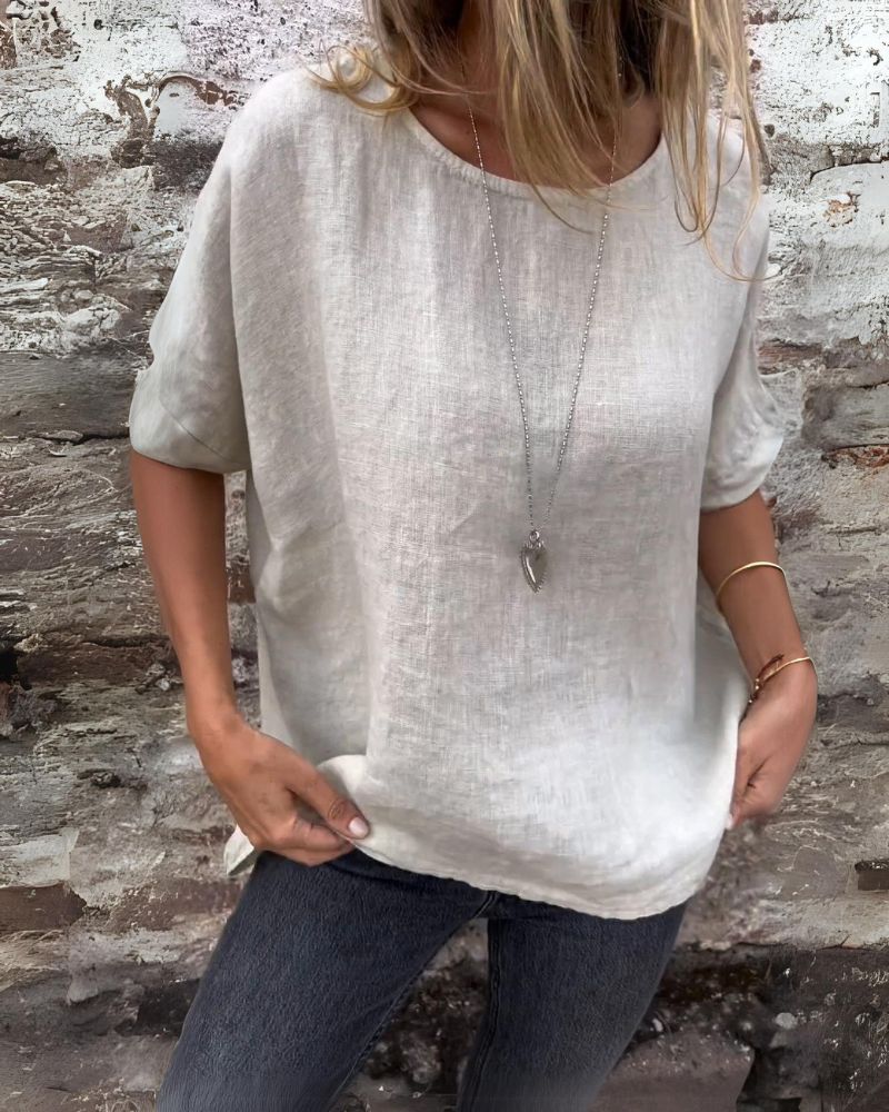 BAUA - Camiseta de Algodón y Lino de Cuello Redondo