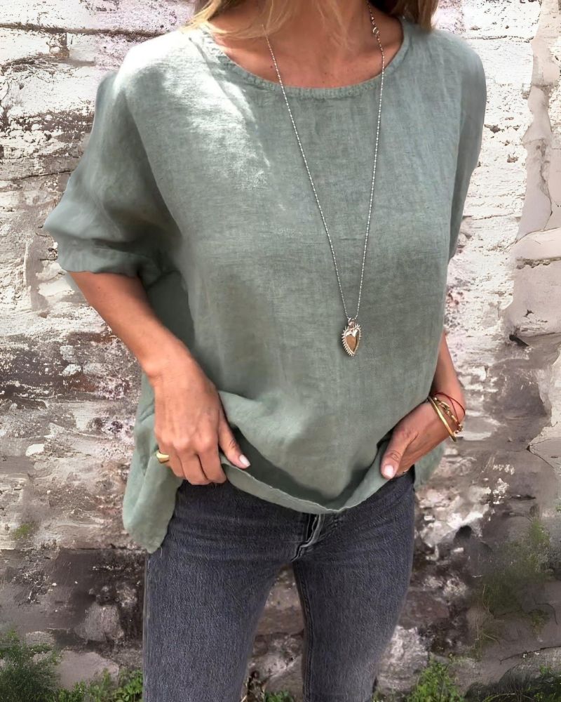 BAUA - Camiseta de Algodón y Lino de Cuello Redondo