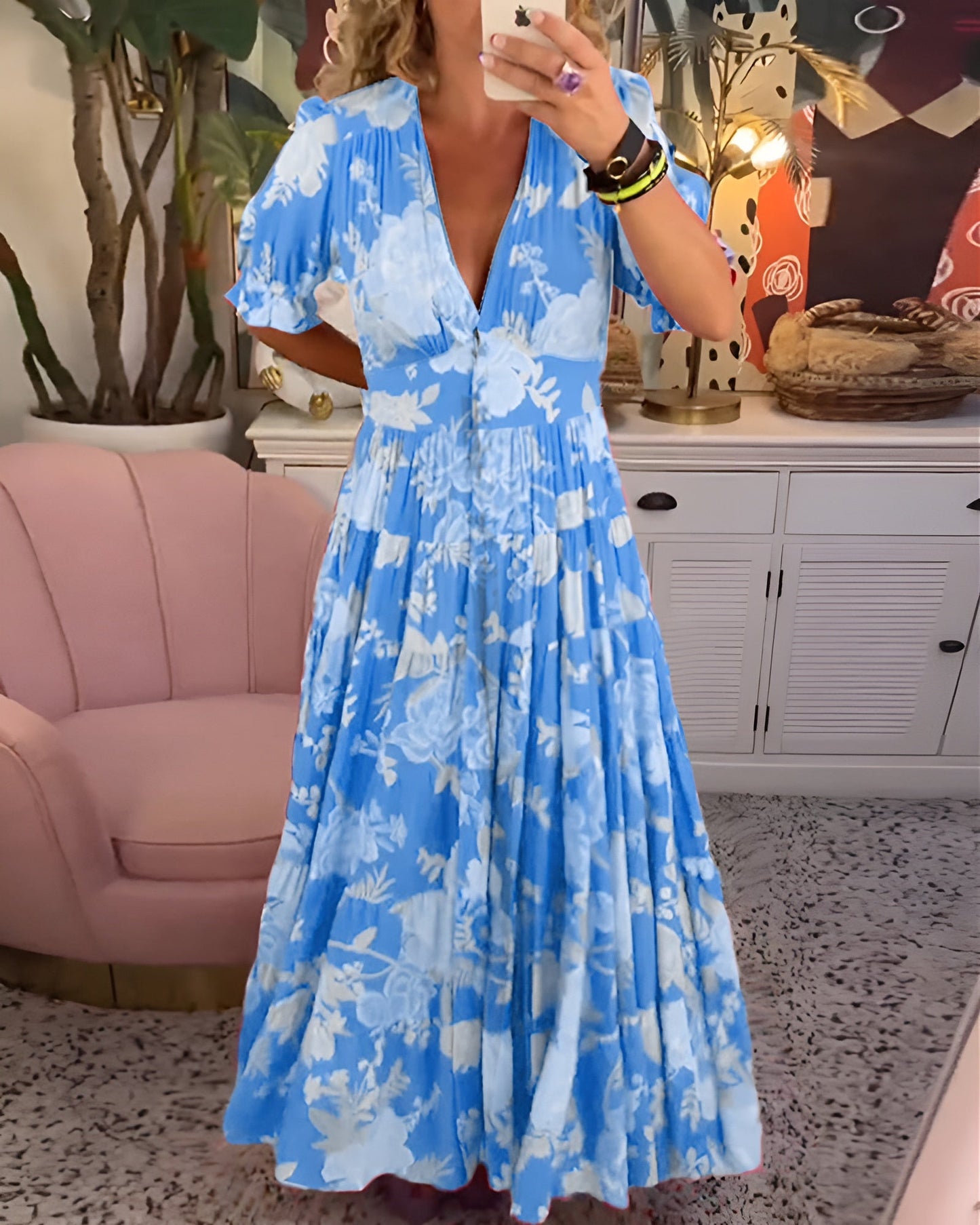 Carine | Vestido con bolsillo y cuello en V estampado floral