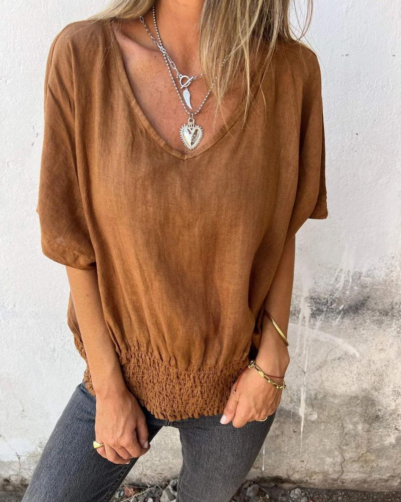 BOMIA - Camiseta cómoda con cintura y escote en V