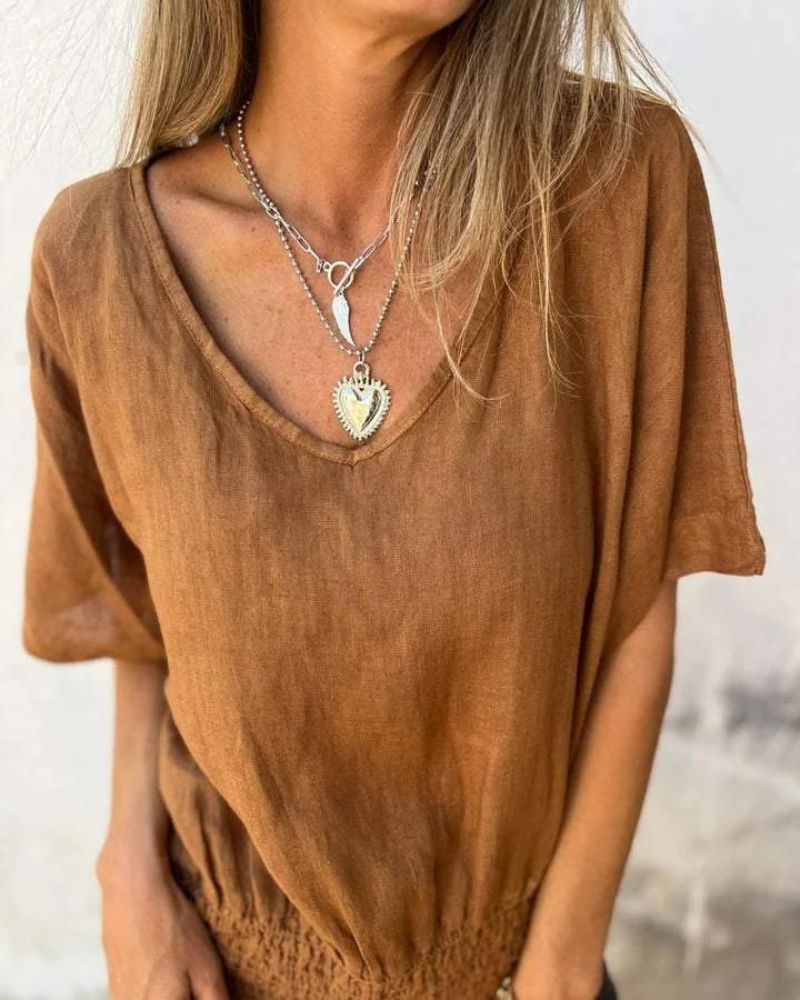 BOMIA - Camiseta cómoda con cintura y escote en V