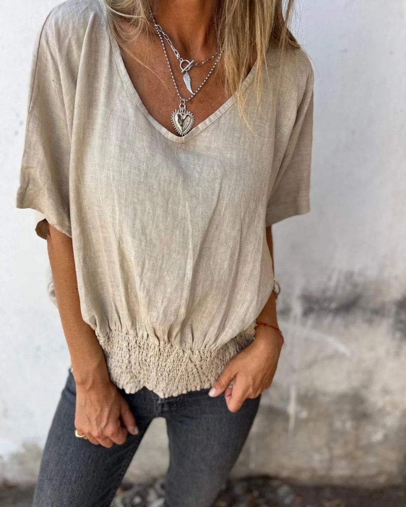 BOMIA - Camiseta cómoda con cintura y escote en V