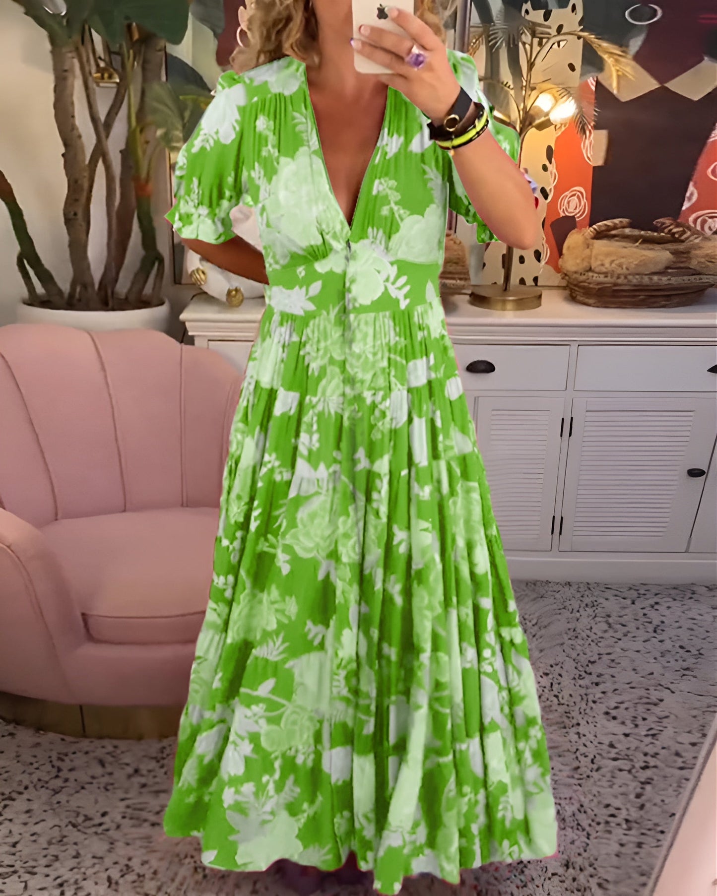 Carine | Vestido con bolsillo y cuello en V estampado floral