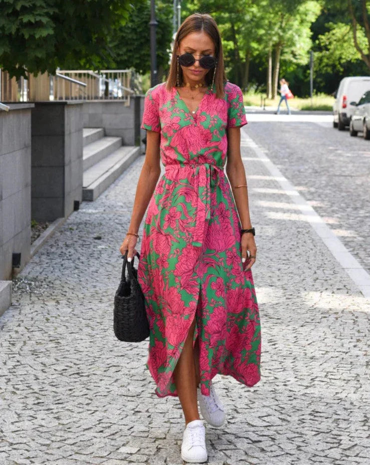 Barbara | Vestido midi cruzado de estilo vibrante