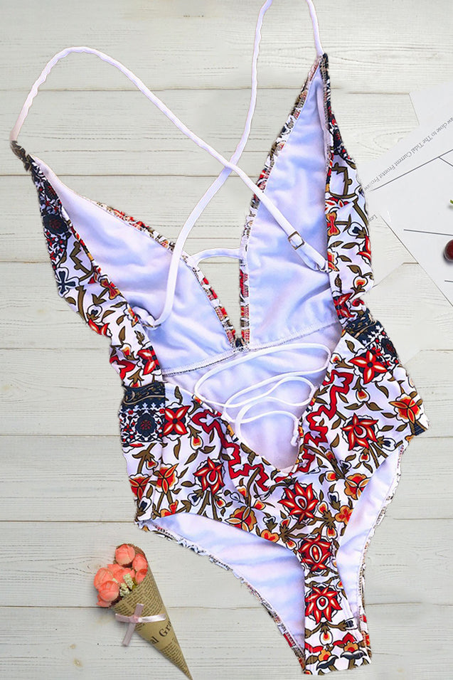 Bañador con Estampado Boho y Escote en V