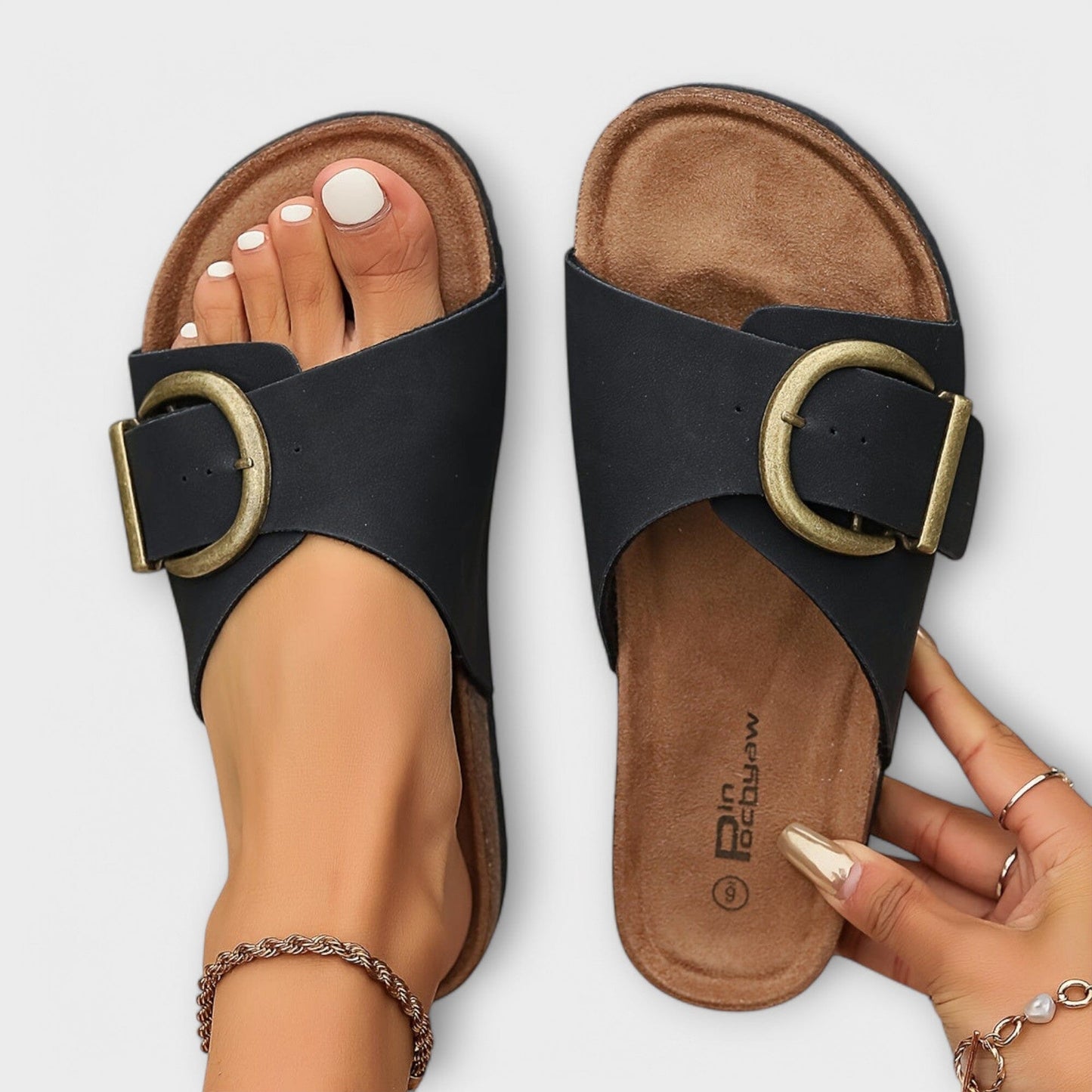 Margie – Sandalias tipo pantufla de corcho para mujer con diseño de hebilla