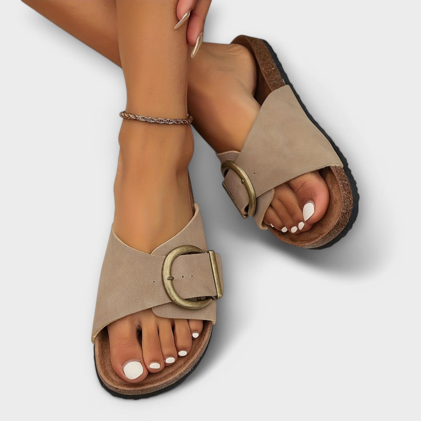Margie – Sandalias tipo pantufla de corcho para mujer con diseño de hebilla