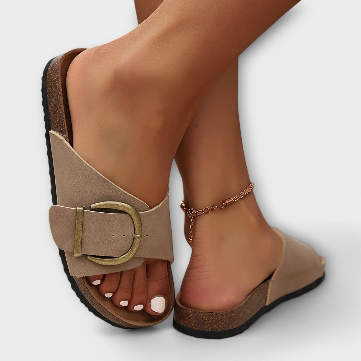 Margie – Sandalias tipo pantufla de corcho para mujer con diseño de hebilla