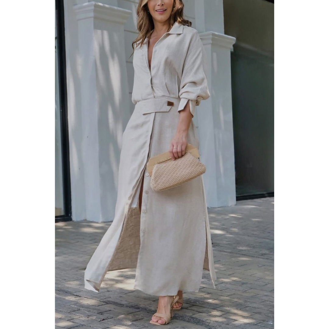 Barbara | Vestido maxi de algodón y lino con botones y cinturón en la cintura