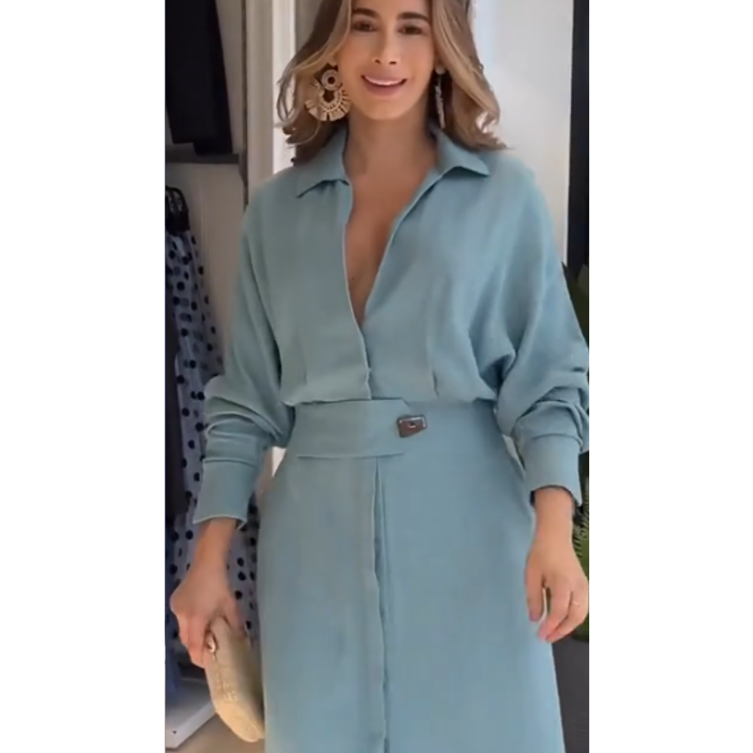 Barbara | Vestido maxi de algodón y lino con botones y cinturón en la cintura
