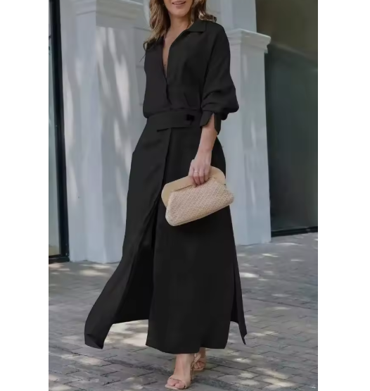 Barbara | Vestido maxi de algodón y lino con botones y cinturón en la cintura