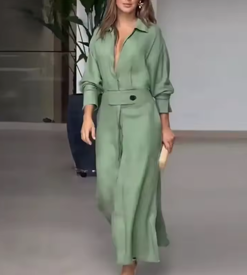 Barbara | Vestido maxi de algodón y lino con botones y cinturón en la cintura