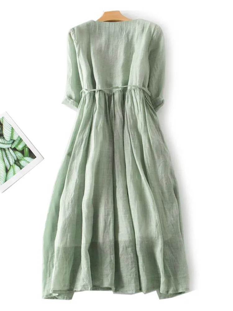 Arya - Vestido de Mujer de Estilo Retro con Cuello Redondo y Cintas en la Cintura
