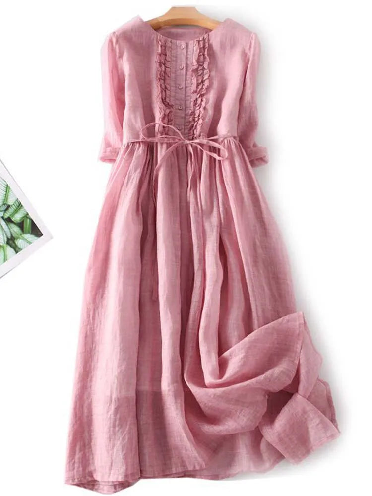 Arya - Vestido de Mujer de Estilo Retro con Cuello Redondo y Cintas en la Cintura