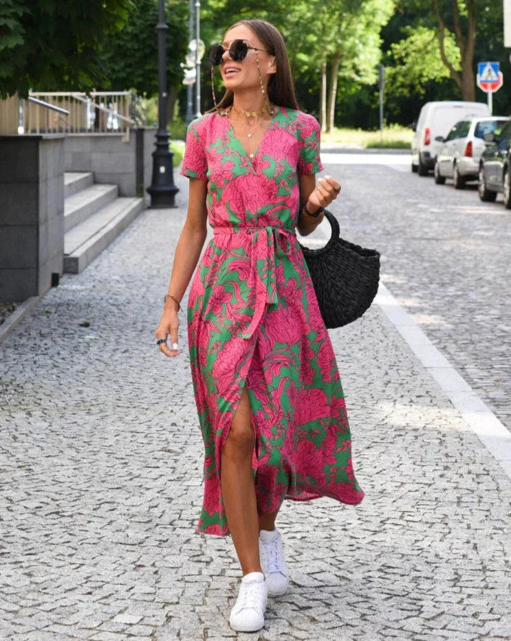 Barbara | Vestido midi cruzado de estilo vibrante