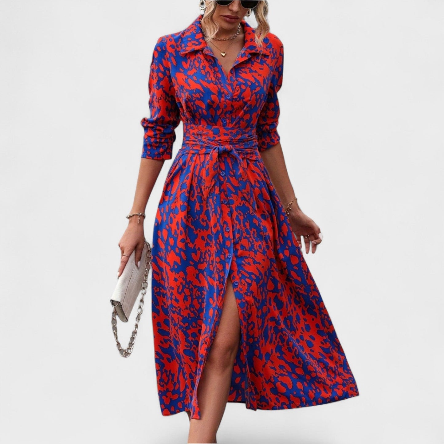 Vestido Camila – Estilo Animal Print Azul e Vermelho