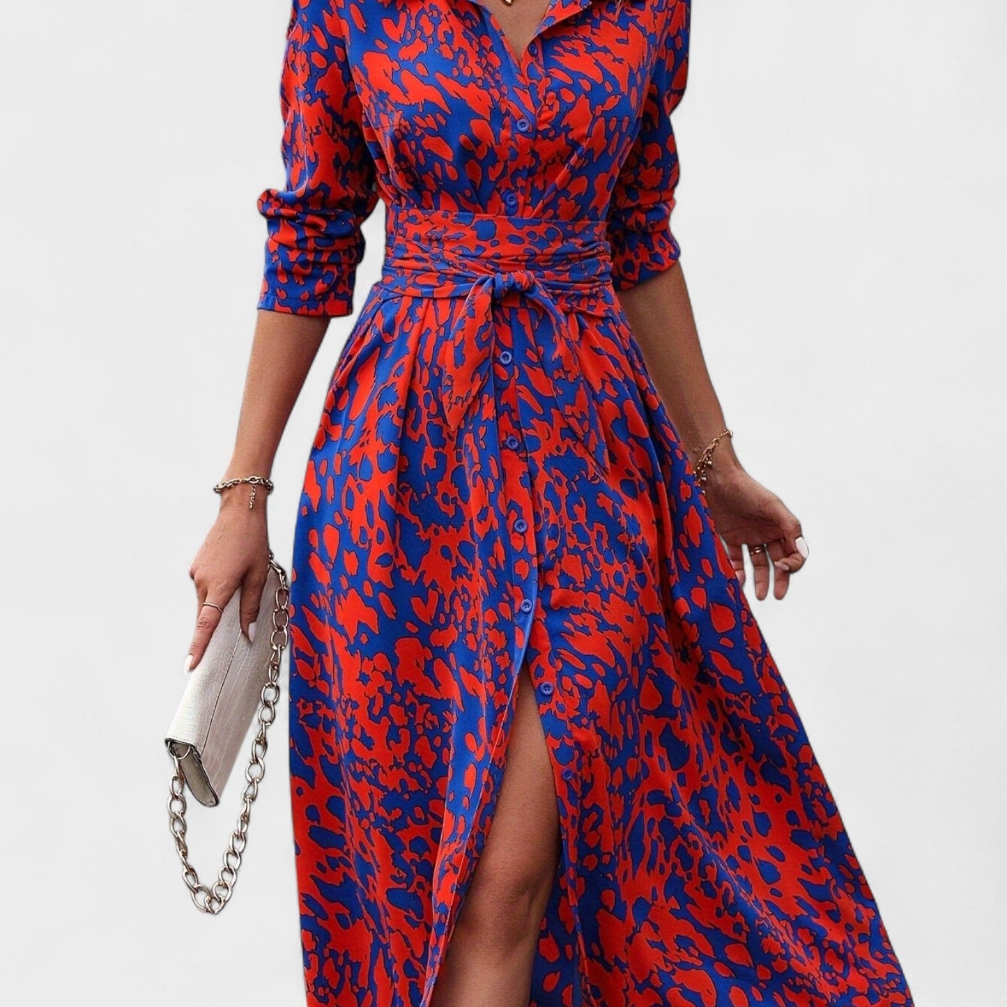 Vestido Camila – Estilo Animal Print Azul e Vermelho