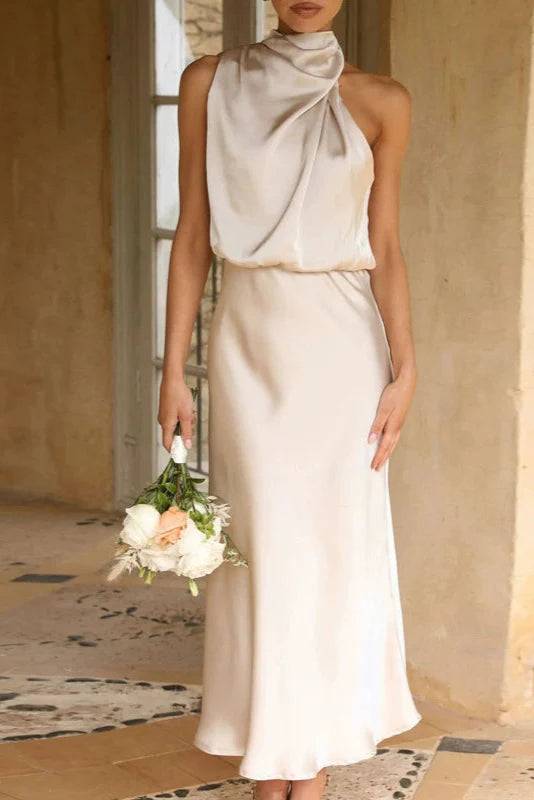 Benthe - Vestido Largo de Satén con Cuello Halter