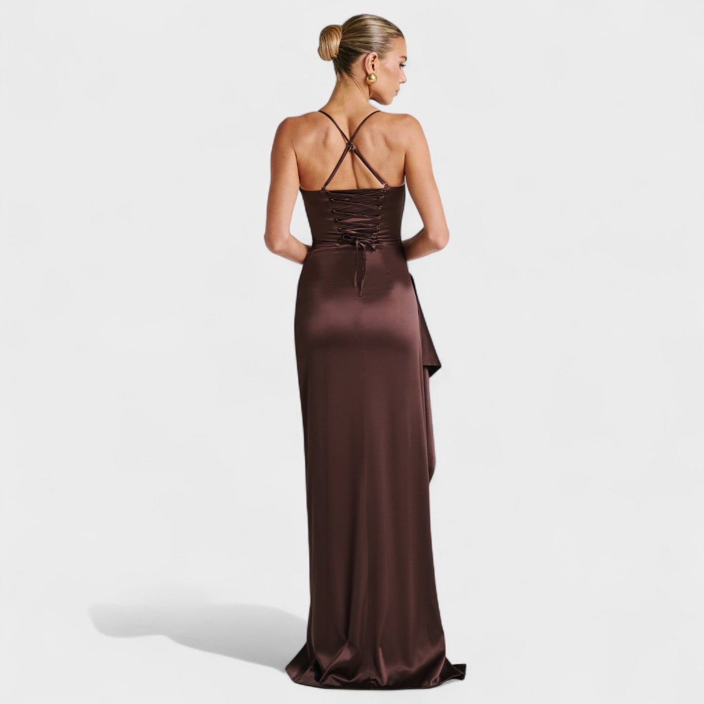 Helen - Vestido Largo Satén Cacao