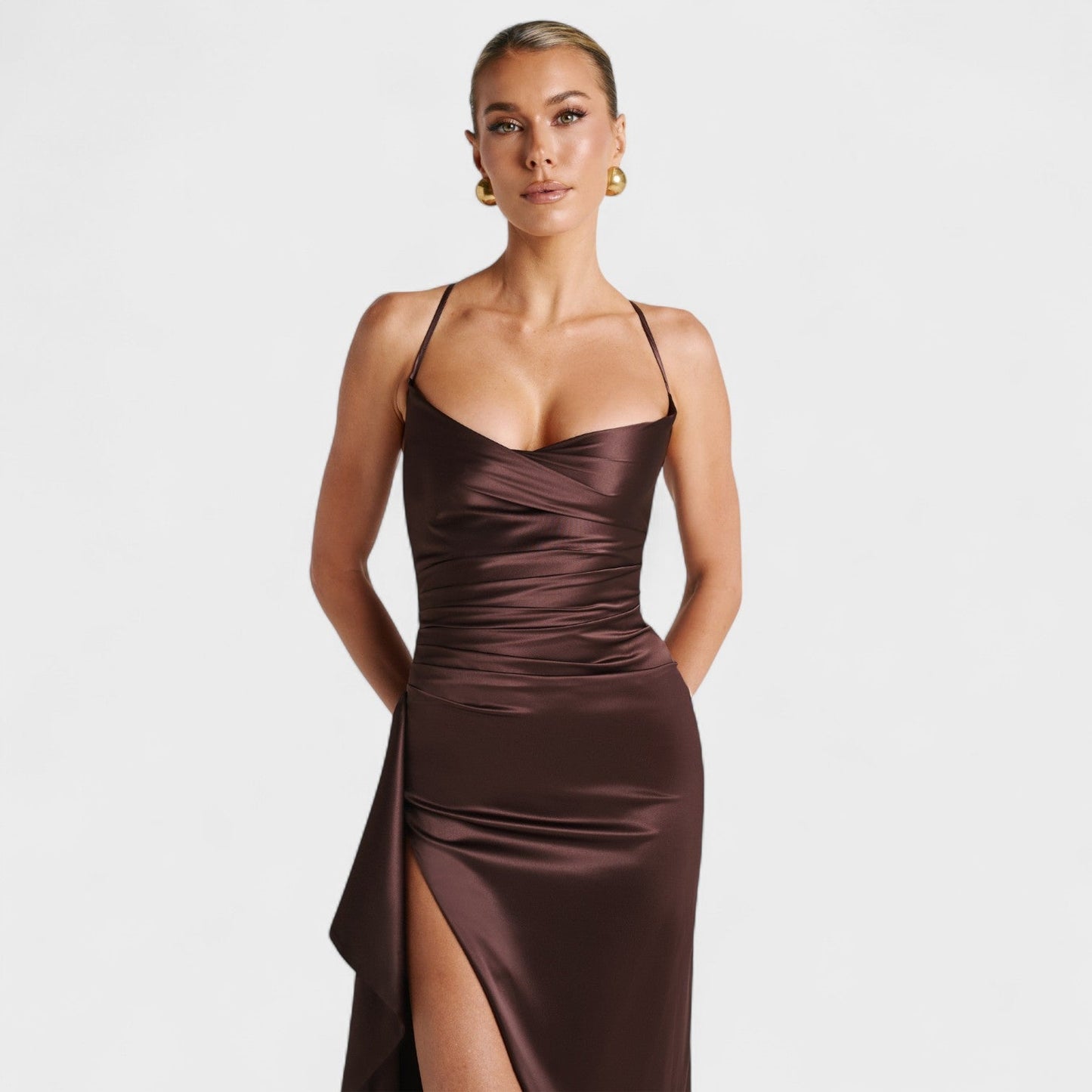 Helen - Vestido Largo Satén Cacao