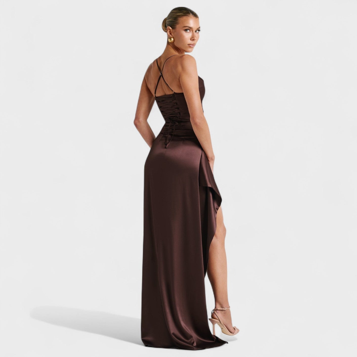 Helen - Vestido Largo Satén Cacao
