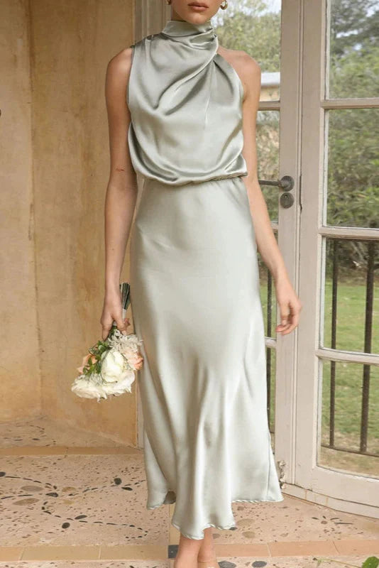 Benthe - Vestido Largo de Satén con Cuello Halter