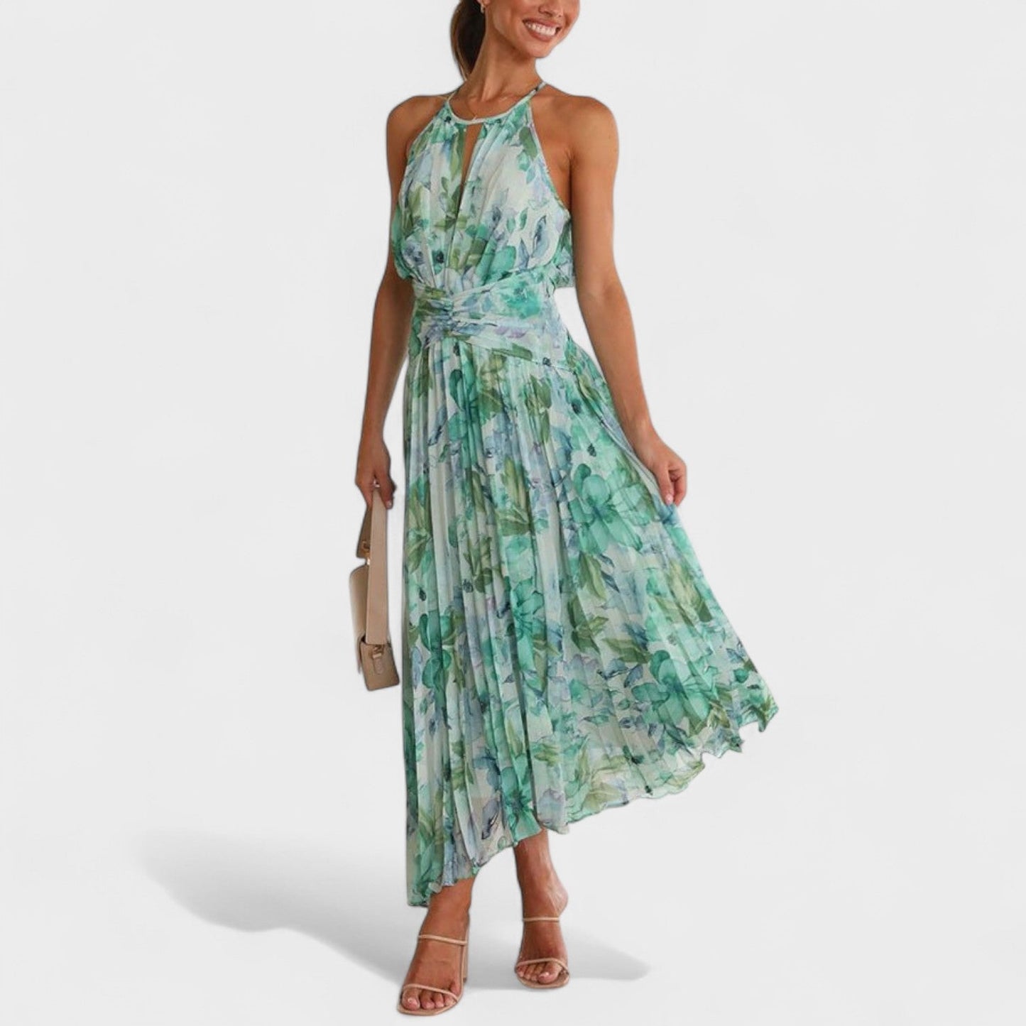 Angel | Vestido maxi plisado con flores y escote halter