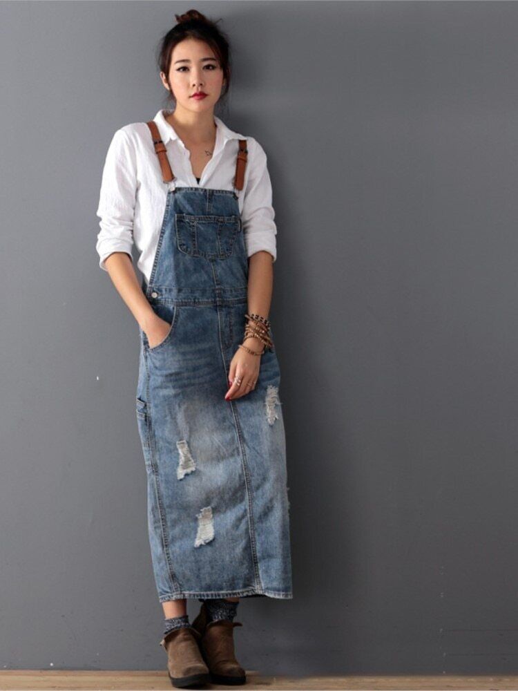 Romilly - Vestido de overol de mezclilla rasgado