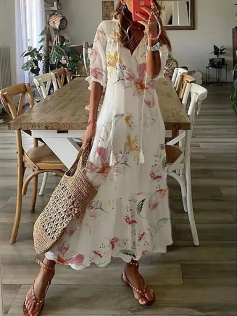 Andrea - Vestido Impreso Boho Vintage con Escote en V