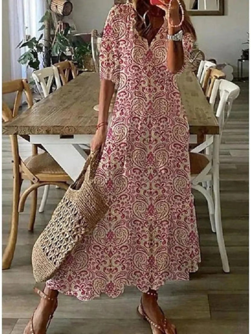 Andrea - Vestido Impreso Boho Vintage con Escote en V