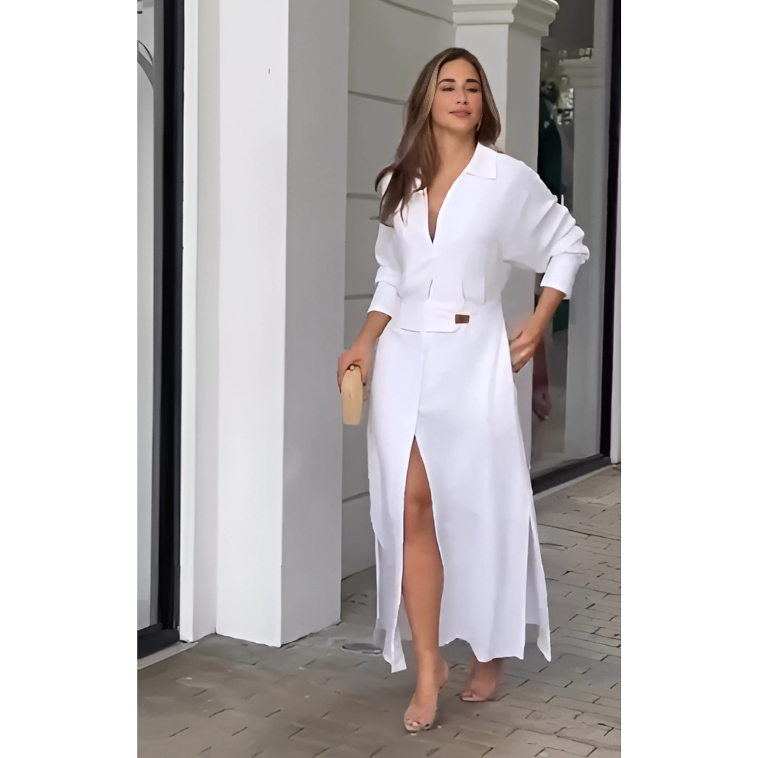 Barbara | Vestido maxi de algodón y lino con botones y cinturón en la cintura