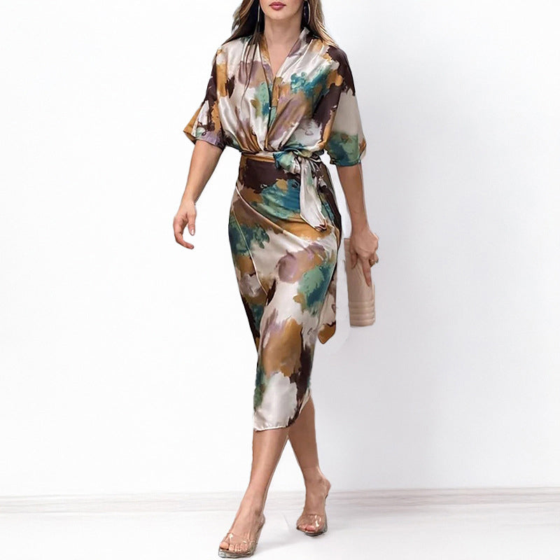 Stefka | Vestido elegante con estampado abstracto, tipo wrap para mujeres