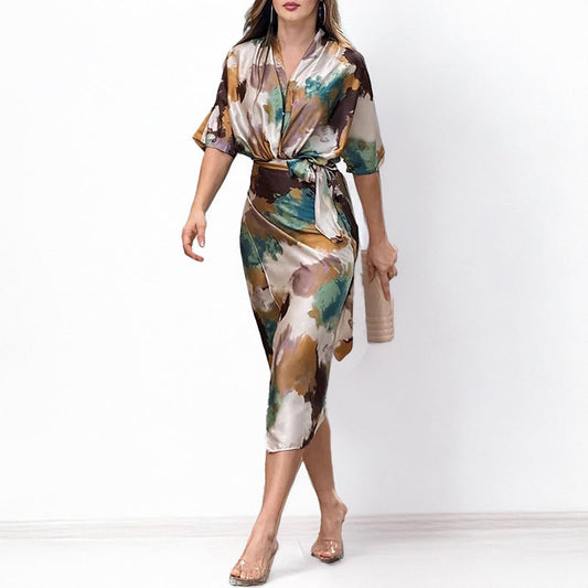 Stefka | Vestido elegante con estampado abstracto, tipo wrap para mujeres