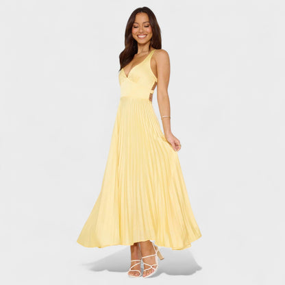 Solène – Vestido Plisado Midi Amarelo