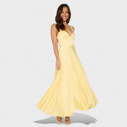 Solène – Vestido Plisado Midi Amarelo