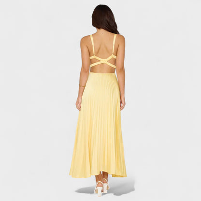 Solène – Vestido Plisado Midi Amarelo