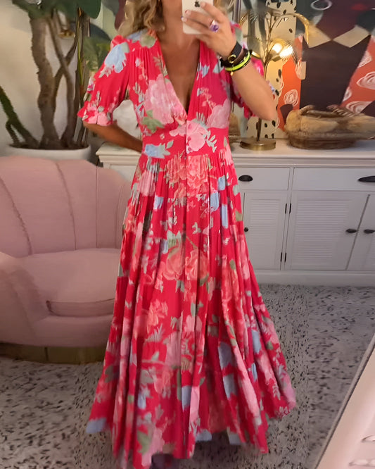 Carine | Vestido con bolsillo y cuello en V estampado floral