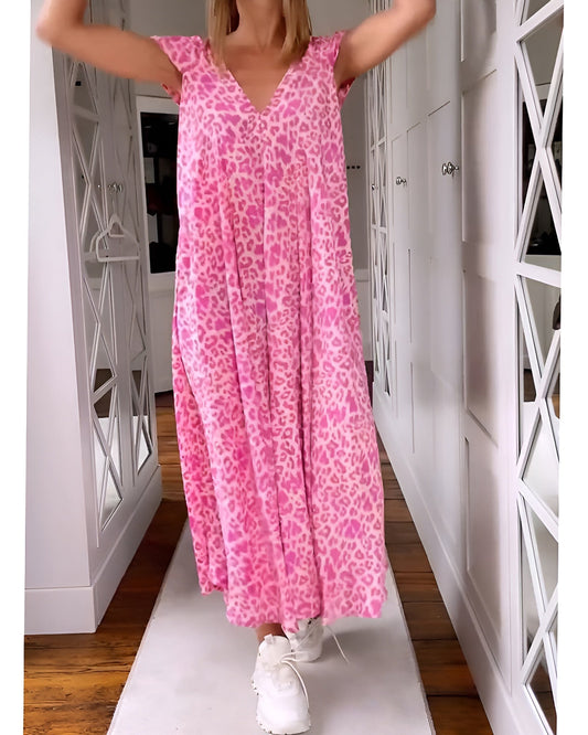 Véronique | Vestido largo de cuello en V con estampado y mangas cortas