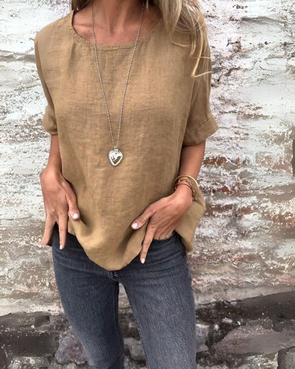 BAUA - Camiseta de Algodón y Lino de Cuello Redondo