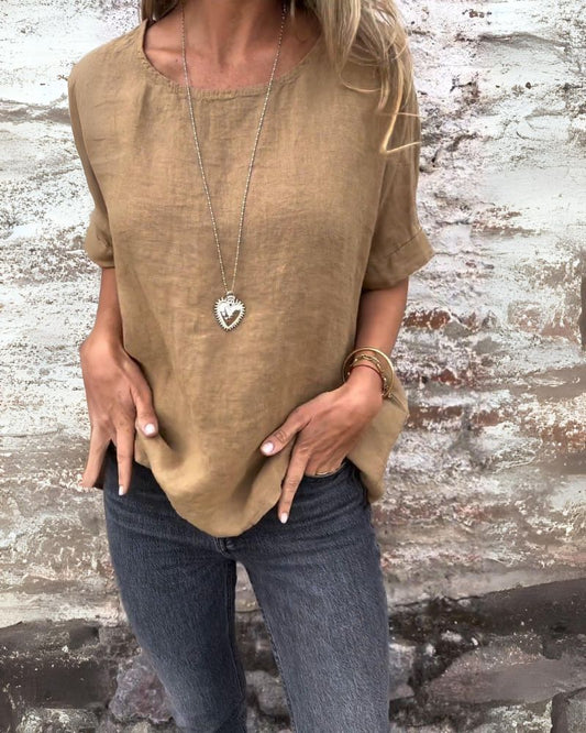 BAUA - Camiseta de Algodón y Lino de Cuello Redondo