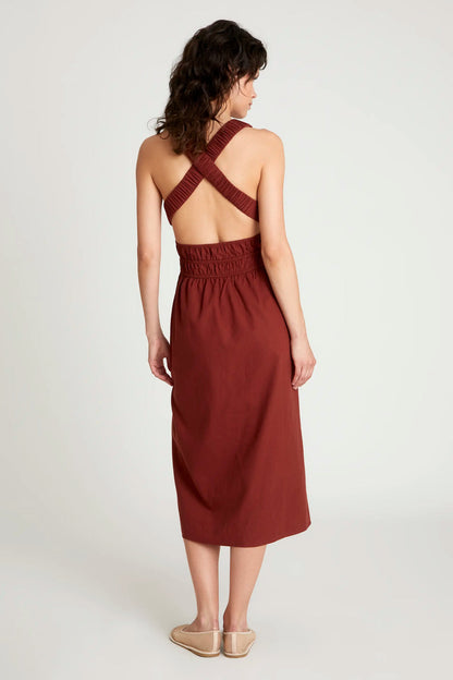 Vestido midi casual con espalda cruzada y estilo moderno