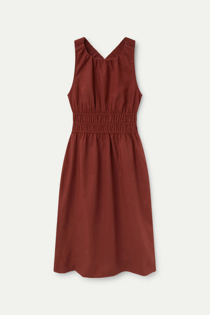 Vestido midi casual con espalda cruzada y estilo moderno