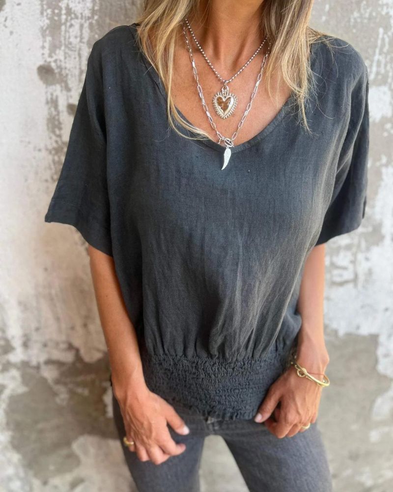 BOMIA - Camiseta cómoda con cintura y escote en V