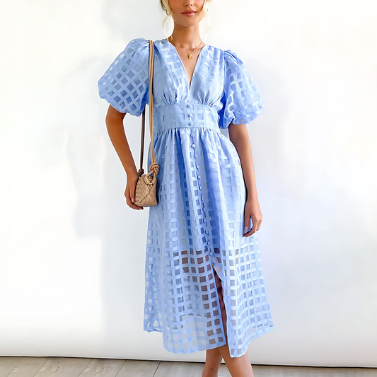 Vestido midi elegante para verano con mangas cortas abullonadas