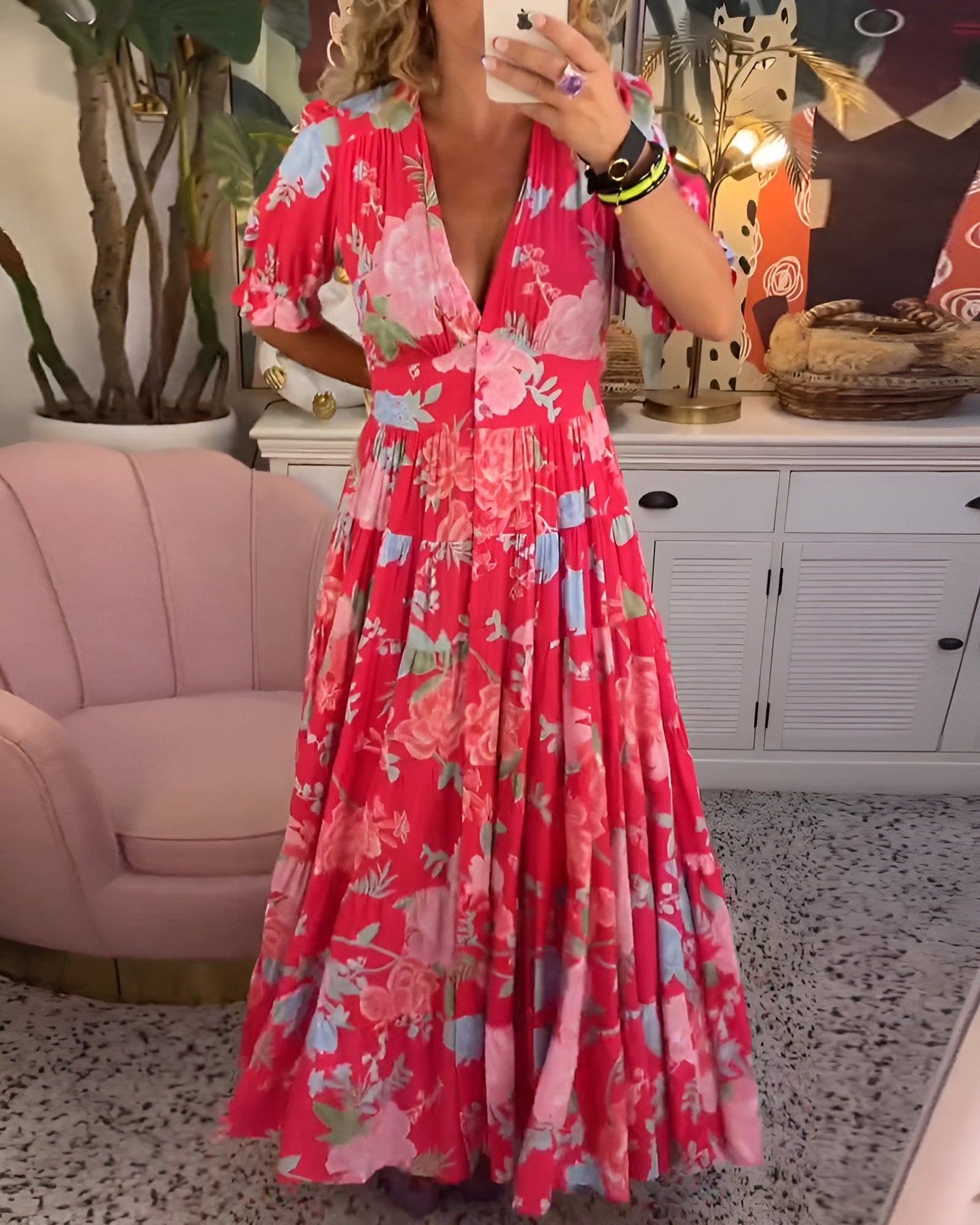 Carine | Vestido con bolsillo y cuello en V estampado floral