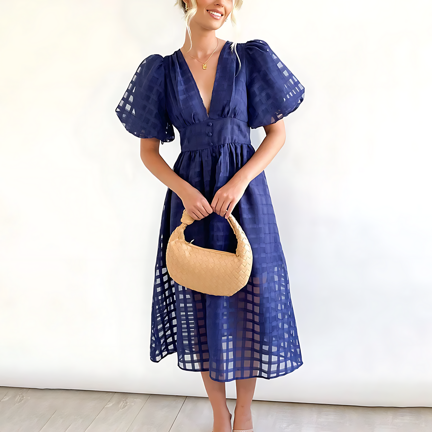 Vestido midi elegante para verano con mangas cortas abullonadas