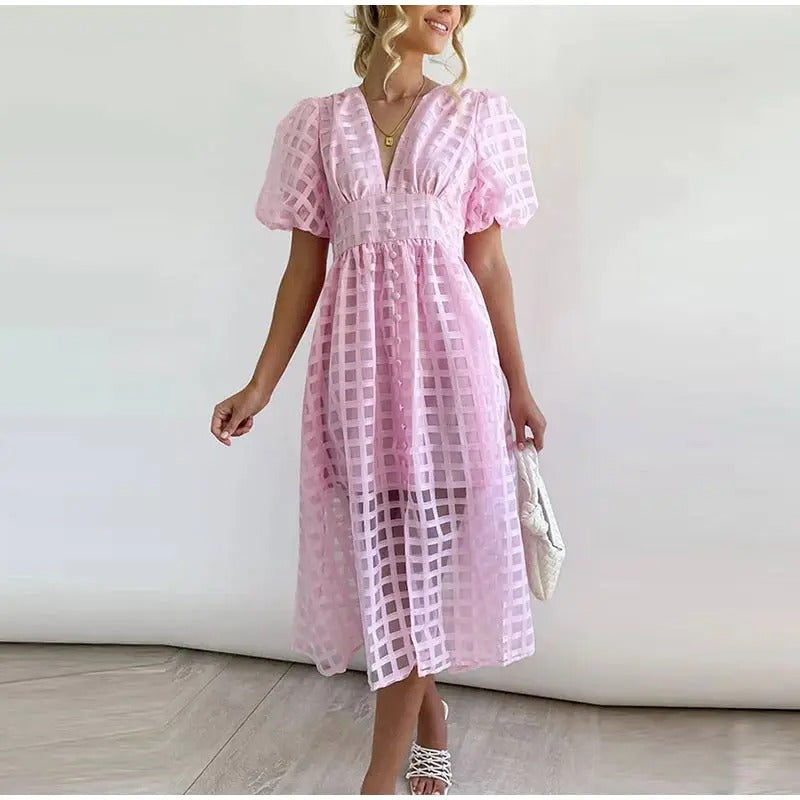 Vestido midi elegante para verano con mangas cortas abullonadas