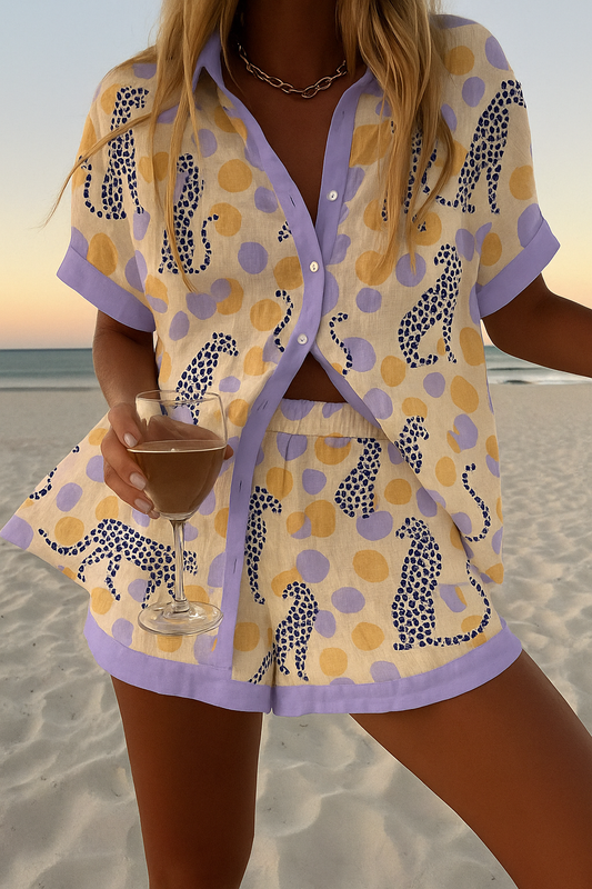 Reolia™ | Conjunto corto de lino con estampado de leopardo